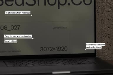 Laptop screen mockup with 'SédShop.Co' text on a wooden shelf, highlighting customizable design and high-resolution display.