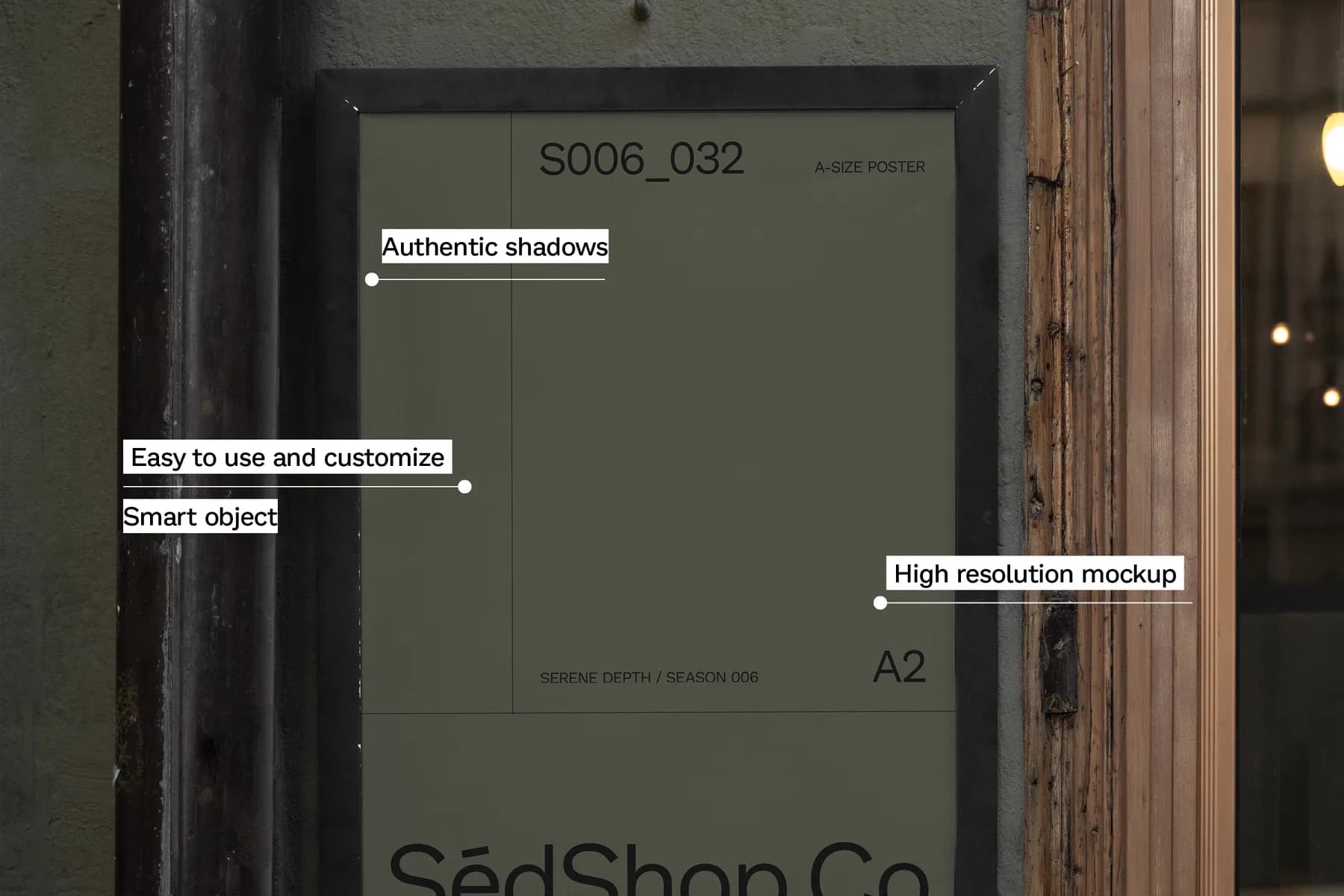A2 poster mockup with annotations pointing out features like high resolution, easy customization, and authentic shadows, displayed on an exterior wall.
