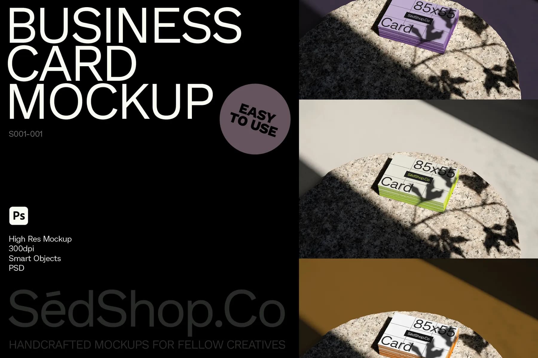 Business card mockup featuring various card stacks on a stone surface with shadows, labeled easy to use.