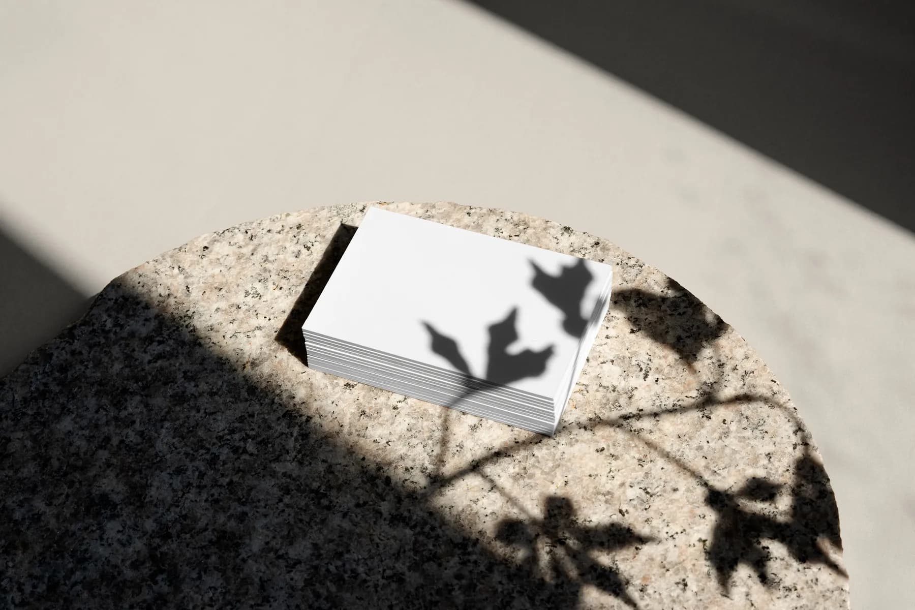 Blank business card stack mockup placed on a stone surface with soft shadows from nearby leaves.