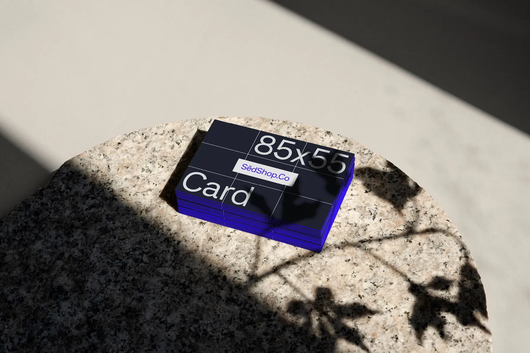 Business card mockup with blue accents stacked on a stone surface with leaf shadows casting over the cards.