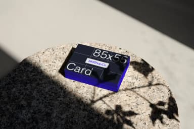 Business card mockup with blue accents stacked on a stone surface with leaf shadows casting over the cards.