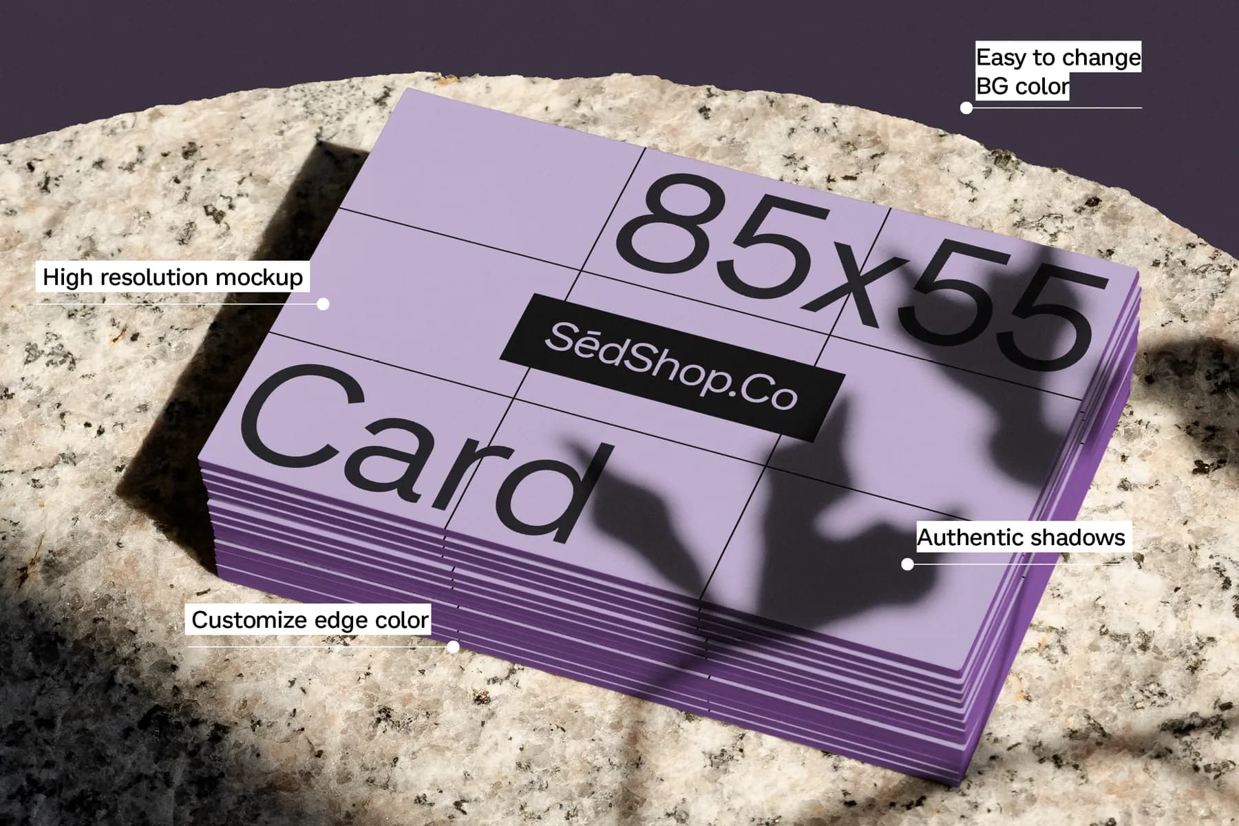 High-resolution business card mockup with customizable edges and shadows, featuring a lavender background.