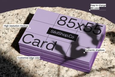 High-resolution business card mockup with customizable edges and shadows, featuring a lavender background.