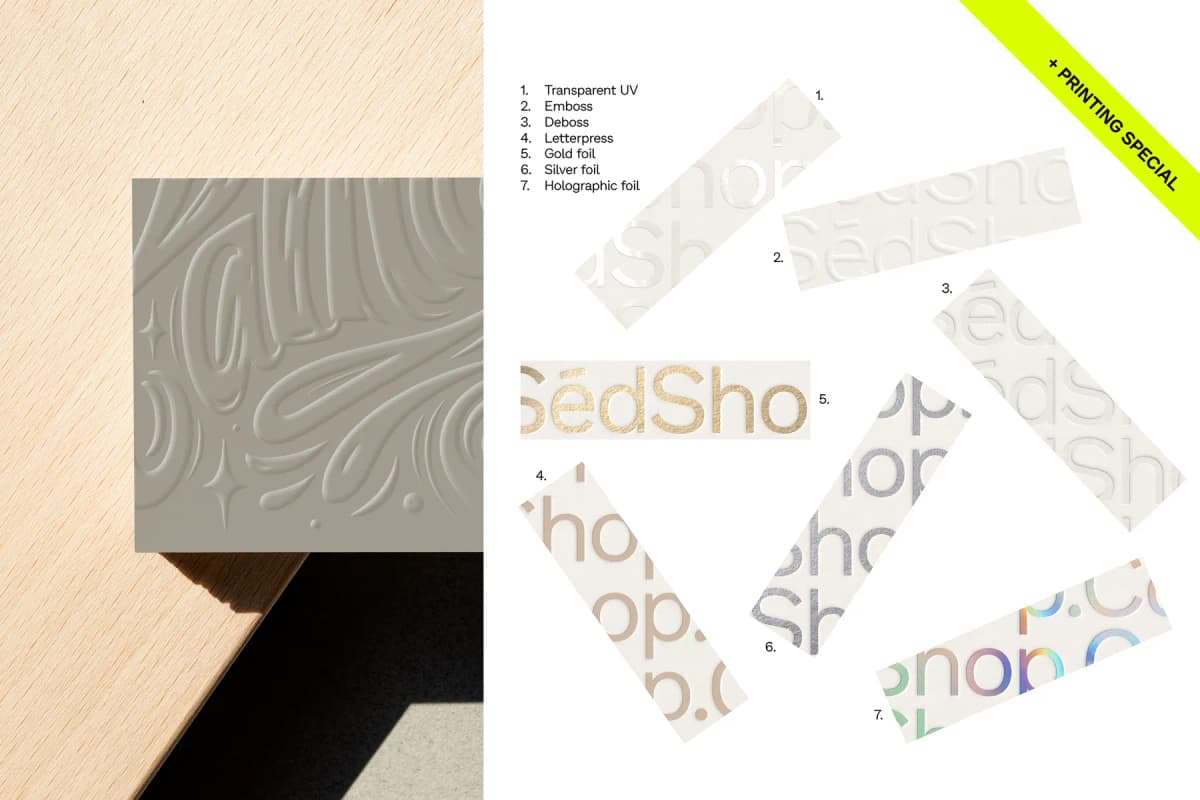 Close-up mockup of various printing techniques such as embossing, foil, and holographic effects on business cards.