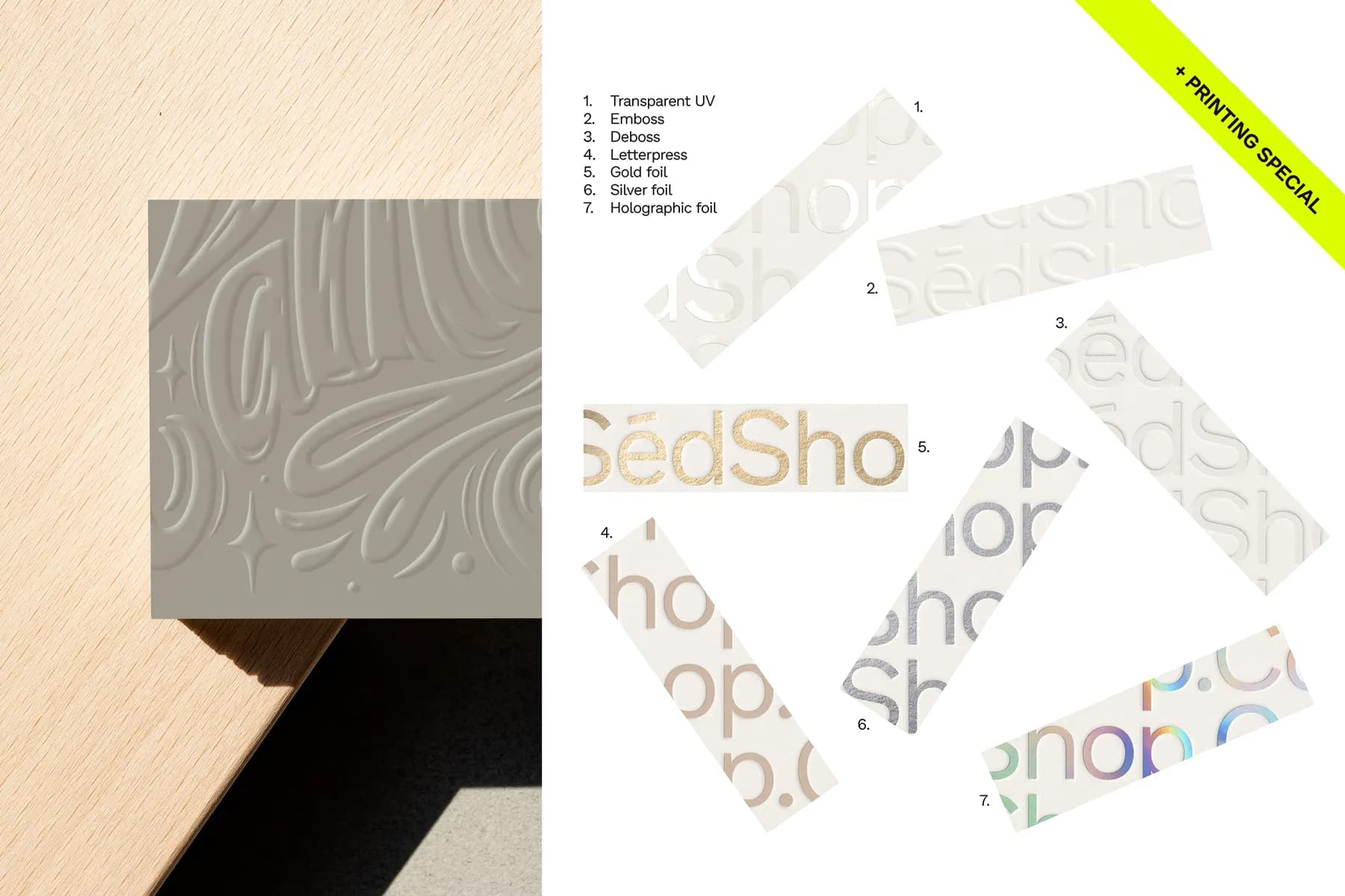 Close-up mockup of various printing techniques such as embossing, foil, and holographic effects on business cards.