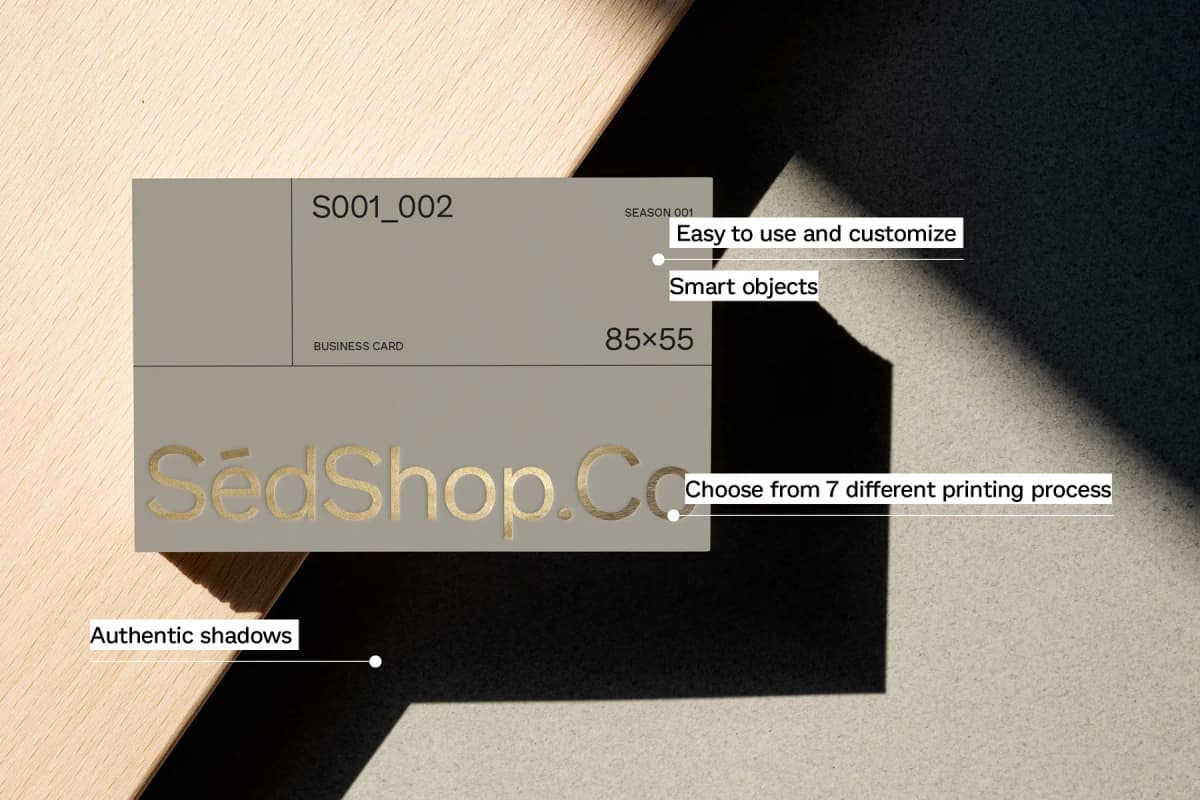 High-resolution business card mockup with gold foil, highlighting customizable printing options and realistic shadows.