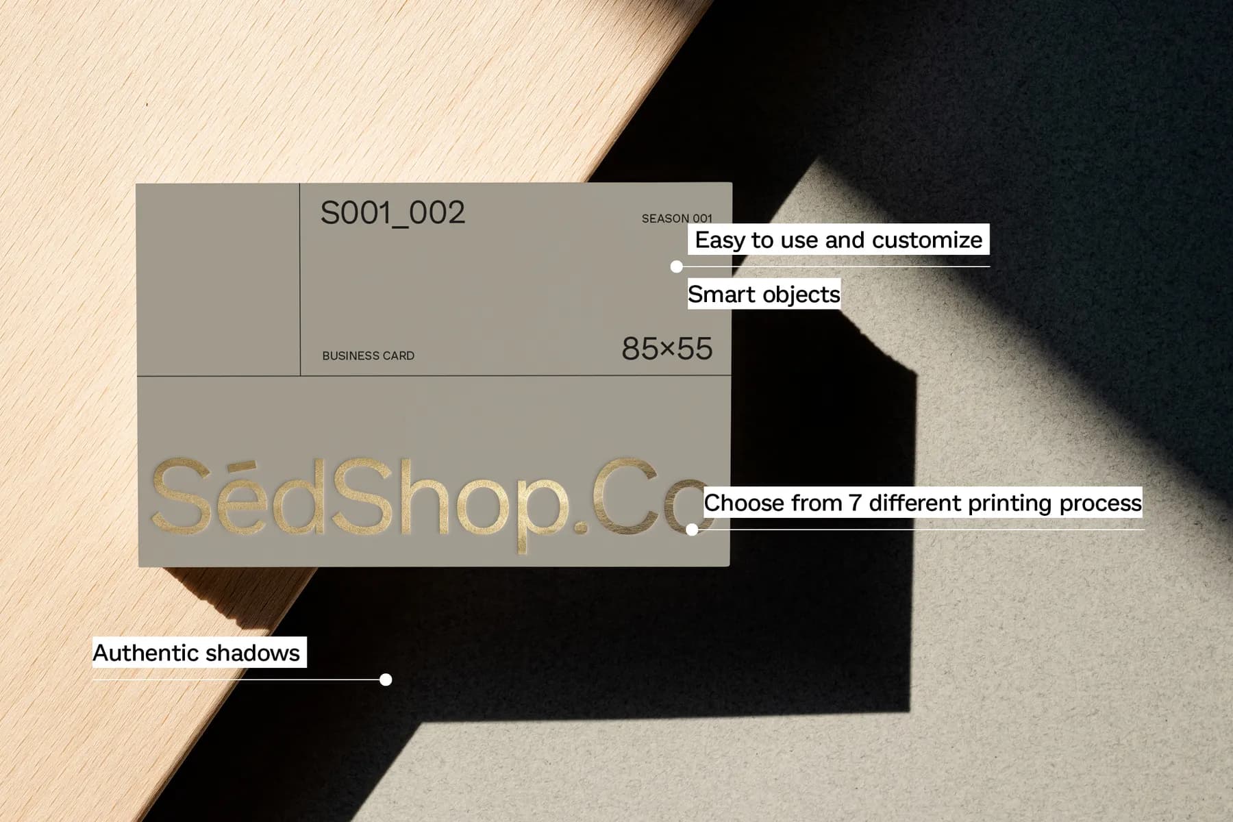 High-resolution business card mockup with gold foil, highlighting customizable printing options and realistic shadows.