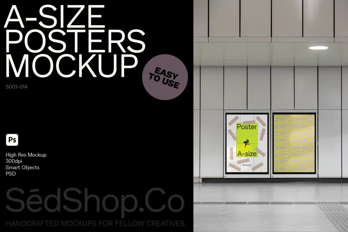 A-size poster mockup displayed in a subway-like interior, with two posters on a tiled wall under soft lighting.