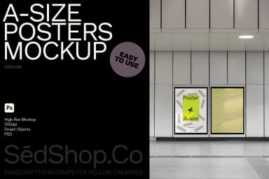 A-size poster mockup displayed in a subway-like interior, with two posters on a tiled wall under soft lighting.