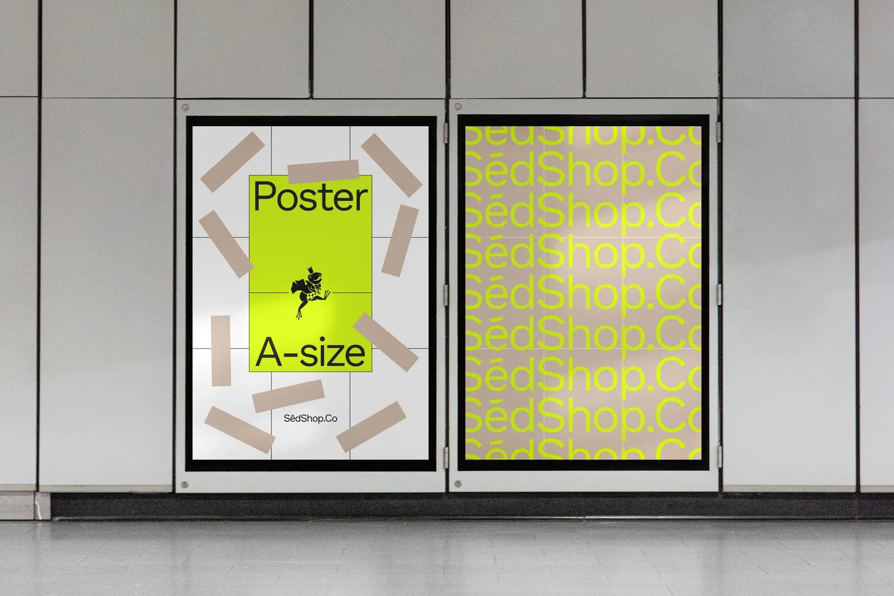 Two A-size posters mockup, one featuring a yellow poster and the other with a SedShop.Co design, displayed in a subway.
