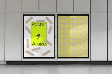 Two A-size posters mockup, one featuring a yellow poster and the other with a SedShop.Co design, displayed in a subway.