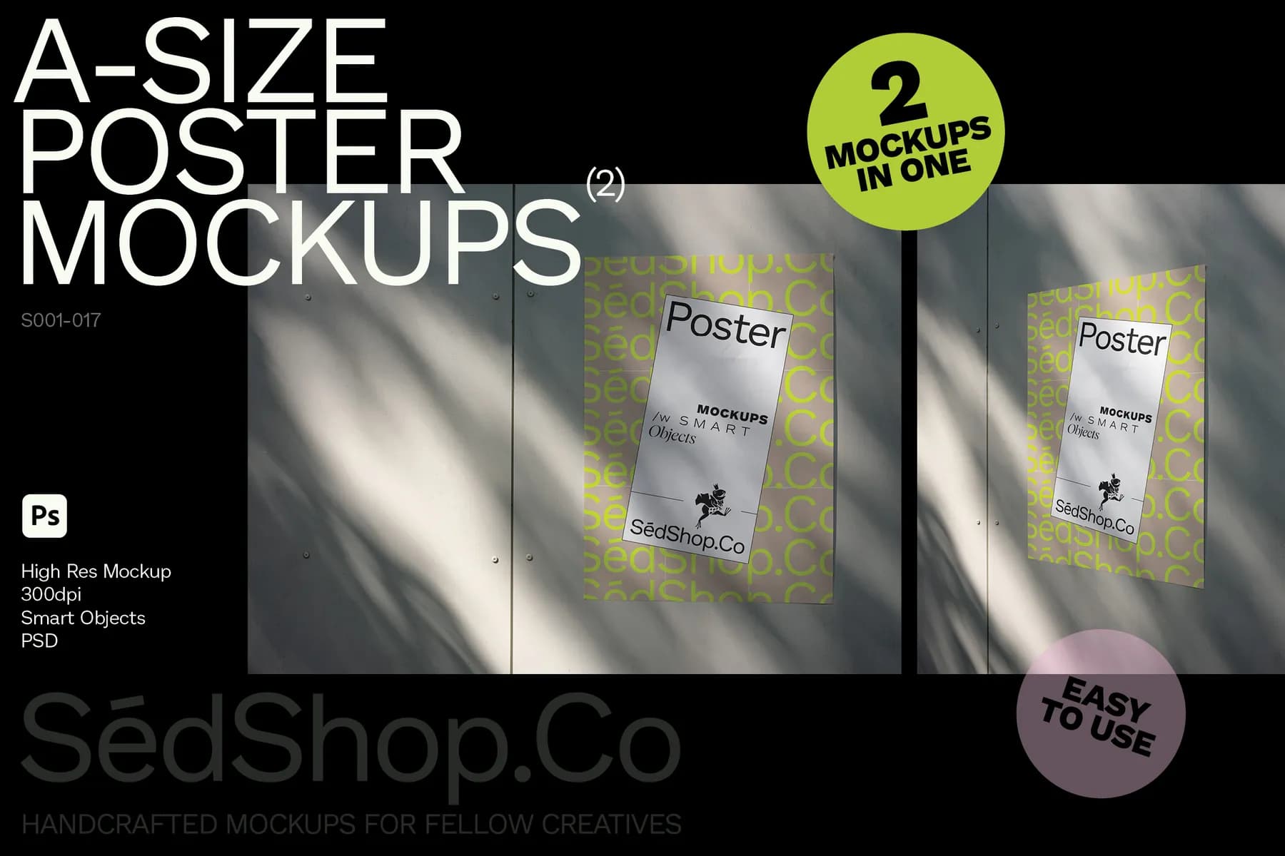 A-size poster mockup displayed outdoors on a metal surface with shadows and featuring two posters, highlighting smart objects.