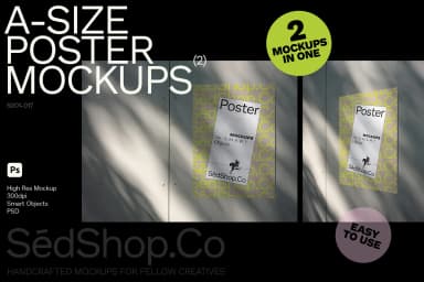 A-size poster mockup displayed outdoors on a metal surface with shadows and featuring two posters, highlighting smart objects.