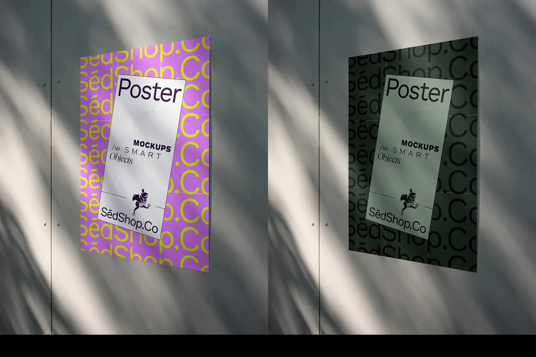 Two A-size posters side by side, one with a purple background and the other green, displayed on a metal surface with soft light and shadows.