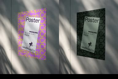 Two A-size posters side by side, one with a purple background and the other green, displayed on a metal surface with soft light and shadows.