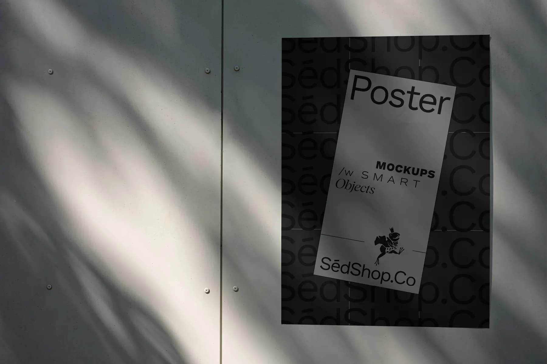 Black and white poster mockup on a dark SedShop.Co background, with soft shadow effects on a concrete wall.