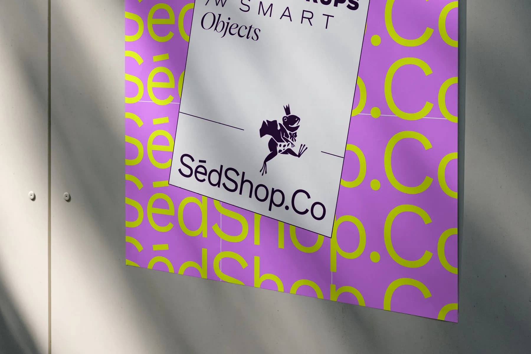 Close-up of a poster mockup on a purple background with SedShop.Co text, displayed on a light surface with shadows.