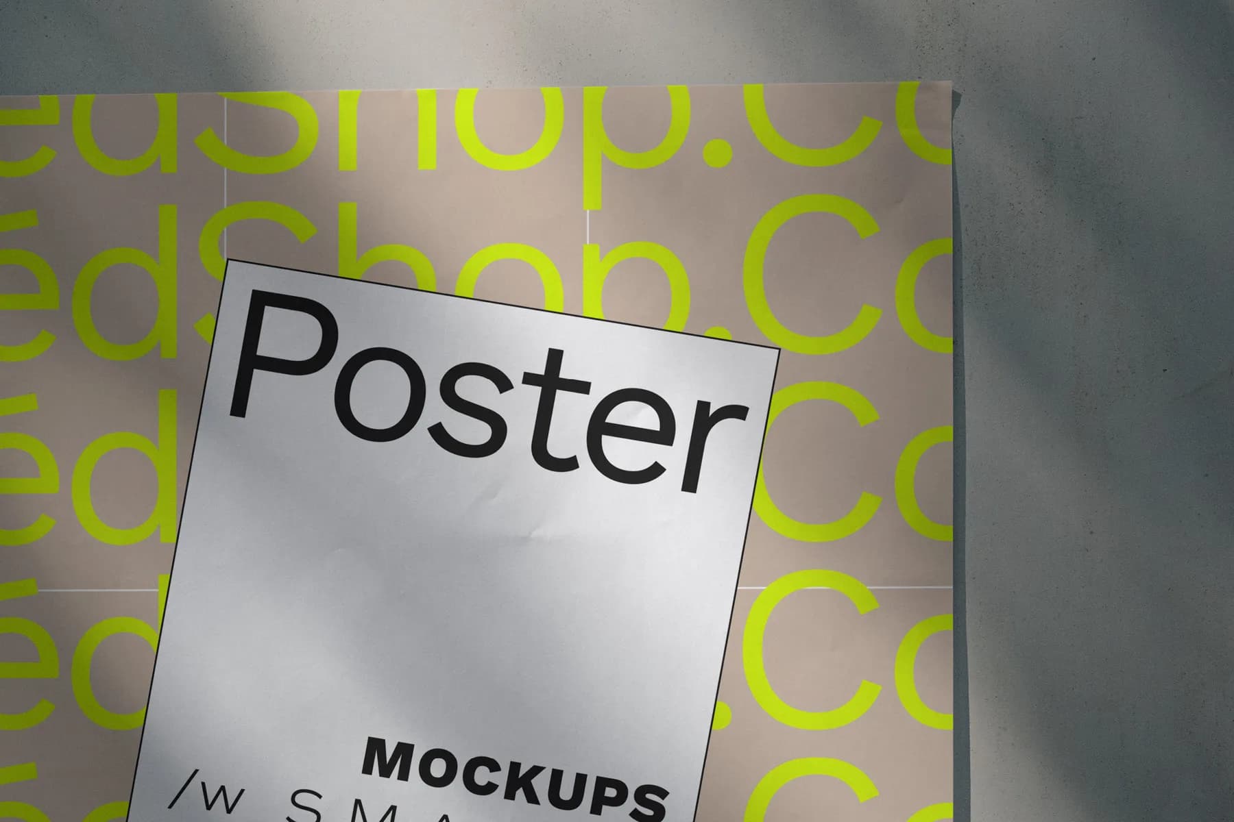 Poster mockup with a green SedShop.Co background, displayed on a metal surface with realistic shadows.