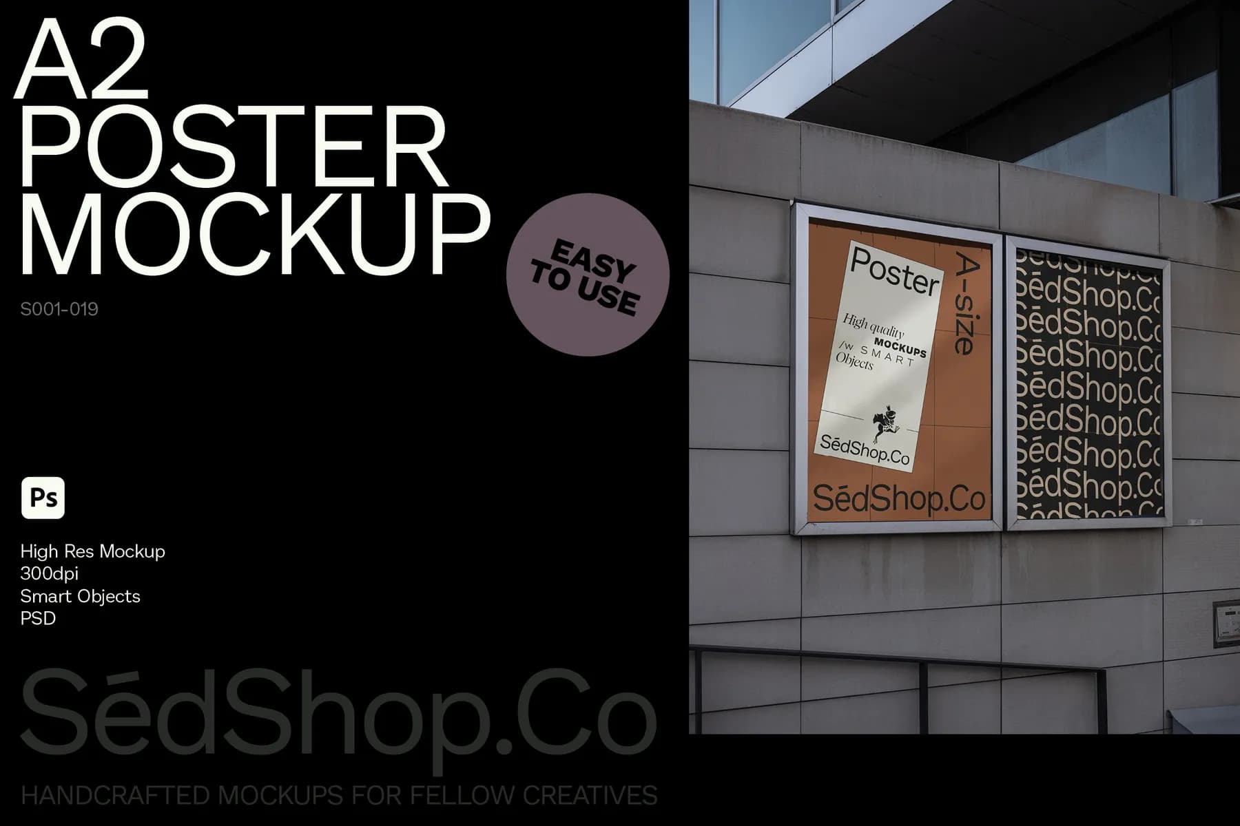 A2 poster mockup displayed on a modern building's exterior, with one blank frame and a SédShop.Co poster design.