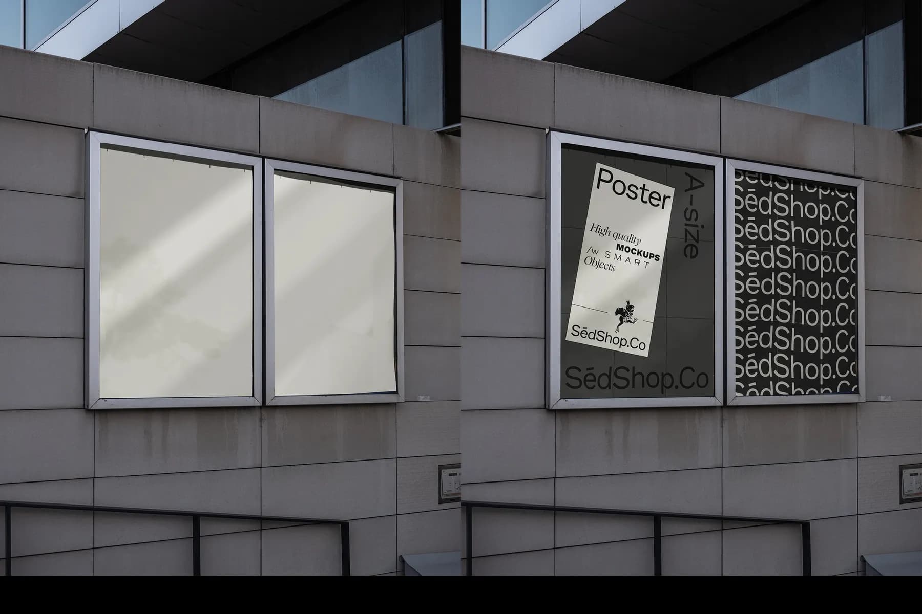 Side-by-side poster mockup, one blank and one featuring SédShop.Co branding, displayed on a concrete wall.