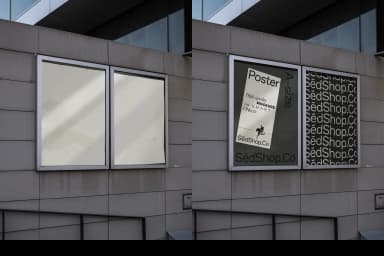 Side-by-side poster mockup, one blank and one featuring SédShop.Co branding, displayed on a concrete wall.