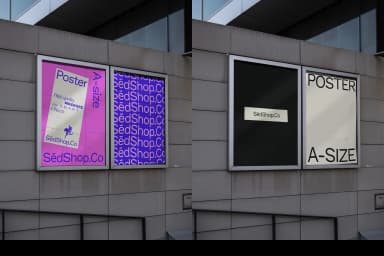 Two A2 poster mockups on a modern exterior wall, one with a purple SédShop.Co background and the other black.