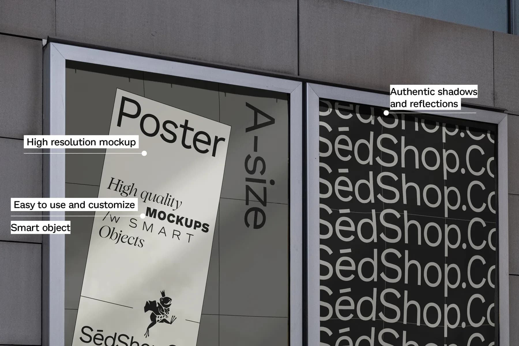 High-resolution poster mockup featuring SédShop.Co branding, with authentic shadows and reflections on a building facade.