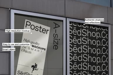 High-resolution poster mockup featuring SédShop.Co branding, with authentic shadows and reflections on a building facade.