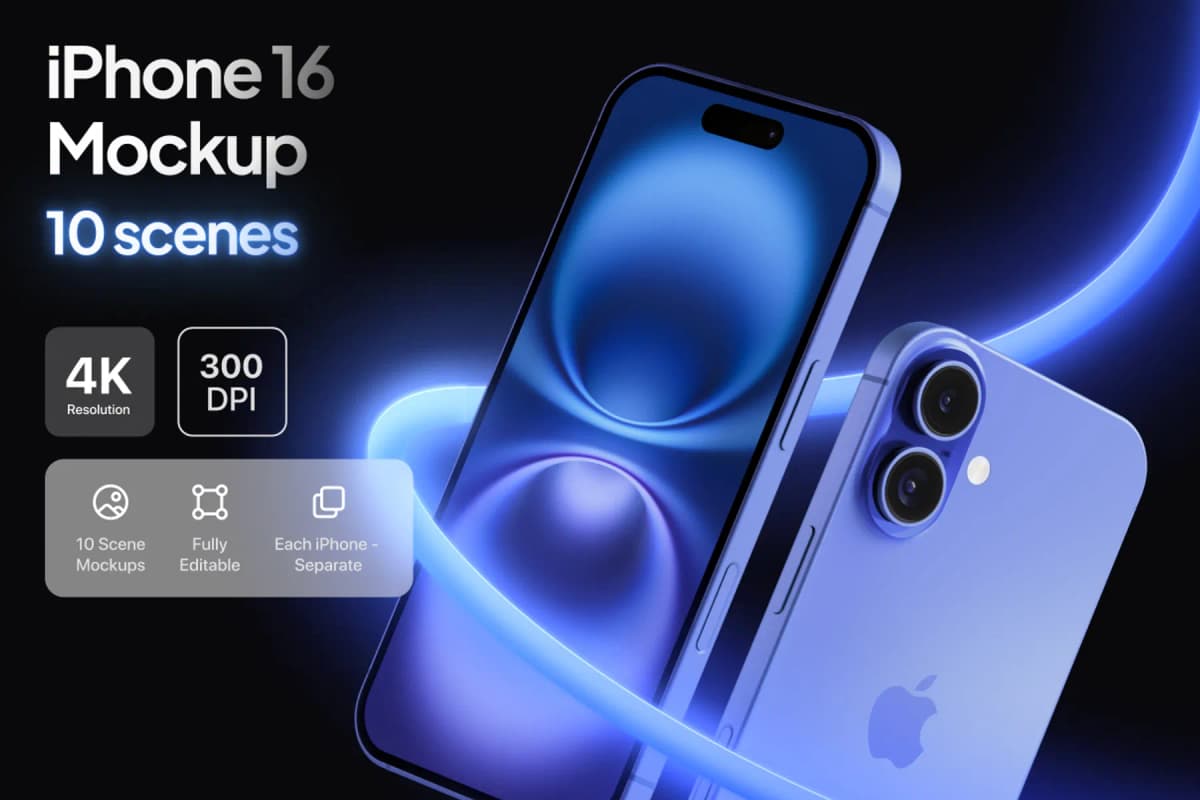 iPhone 16 Mockup - 10 Mockup Scenes. Apple iPhone 16 mockups
