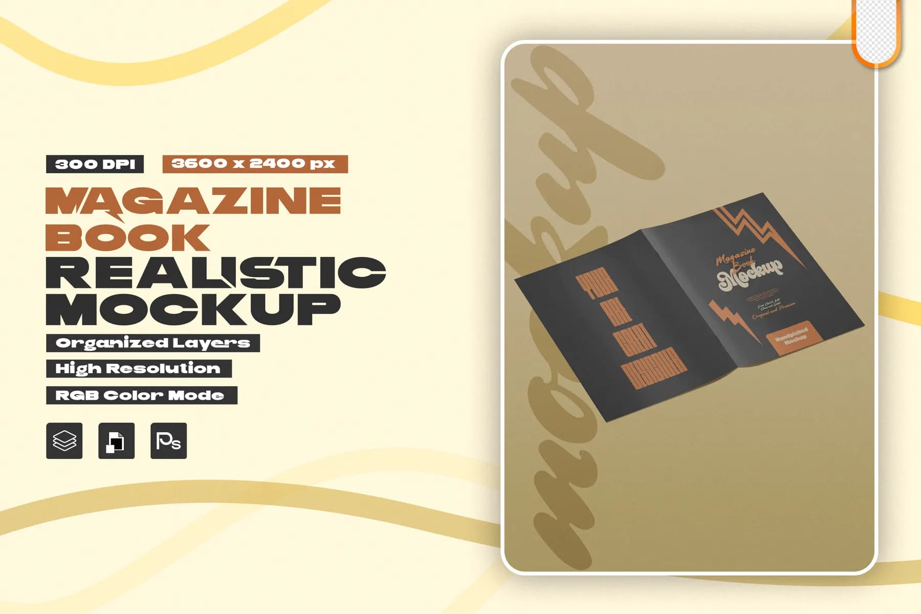 A4 stationery PSD mockup displaying magazine cover design from a top angle