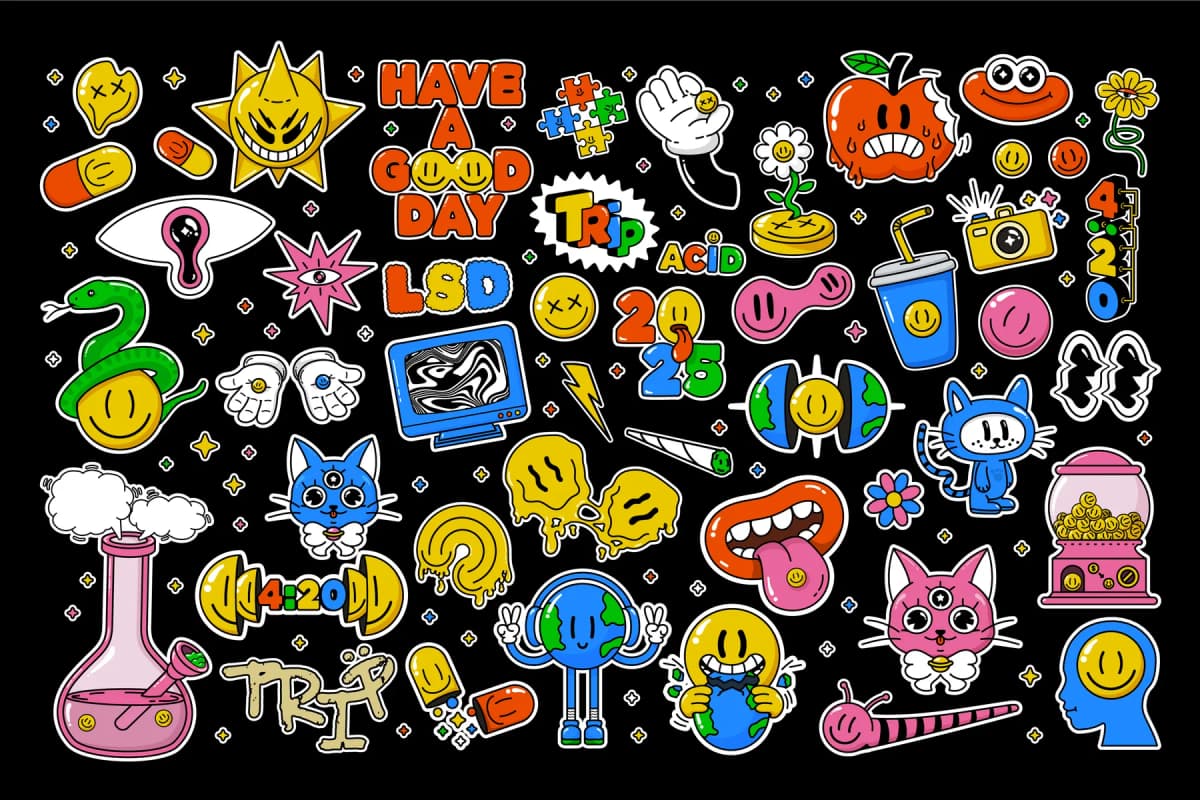 COLORFUL TRIPPY ACID STICKERS VECTOR