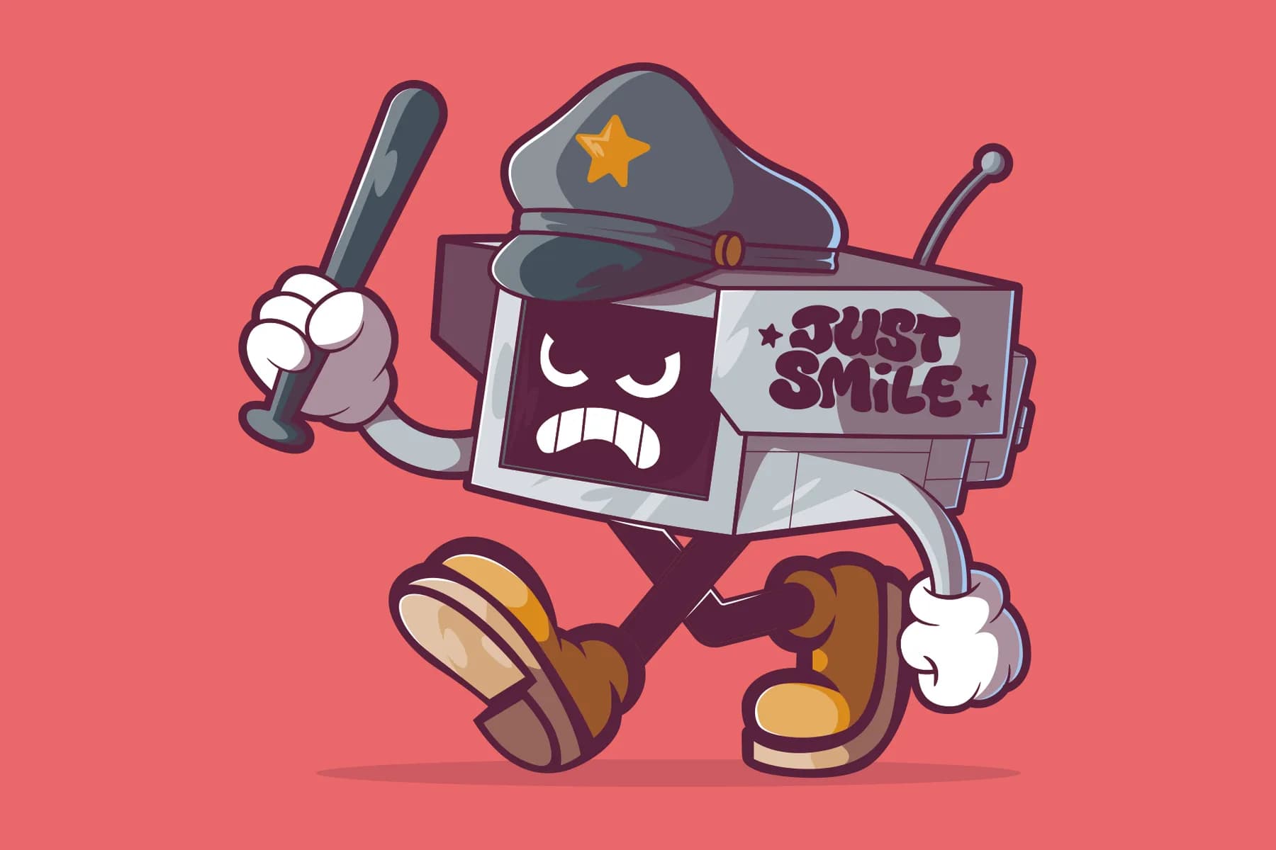 Surveillance Camera with Cop Hat and 'Just Smile' Graffiti.