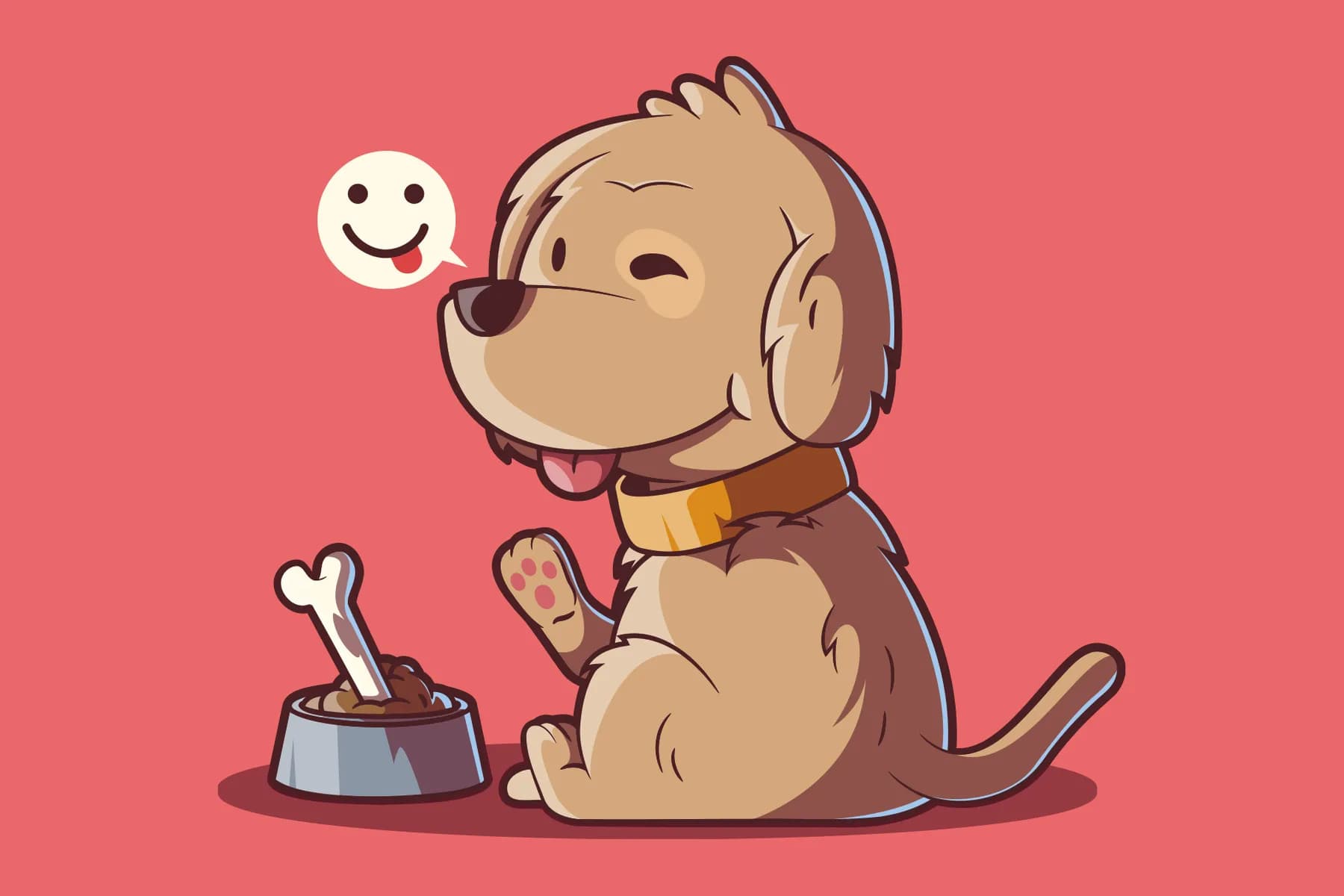 Cute Dog Smiling with Plate of Food vector illustration.