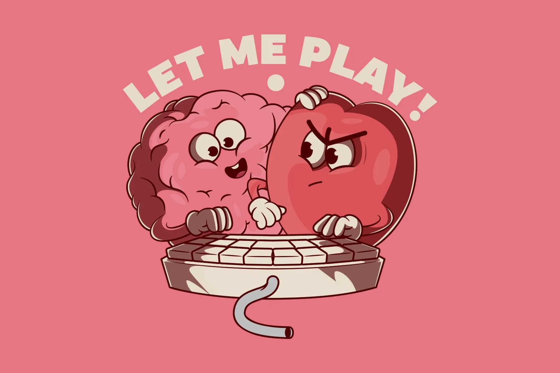 Brain and Heart Characters Playing with a Keyboard vector illustration.